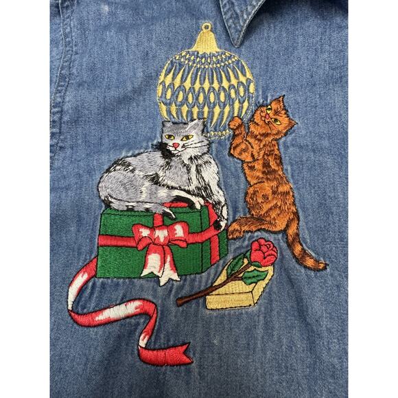 Vintage Chambray Christmas Embroidered Holiday Santa Cats Stocking Women Medium - Picture 2 of 9